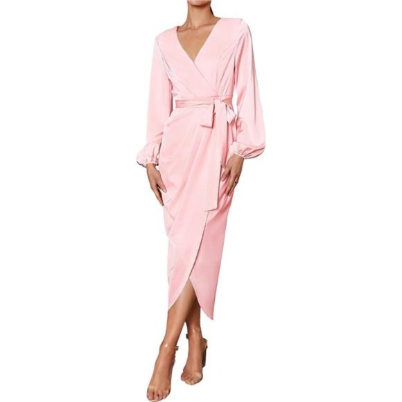 Women's Elegant V Neck Dress & Pink Satin Long Sleeve Midi Dress - Picture 1 of 6